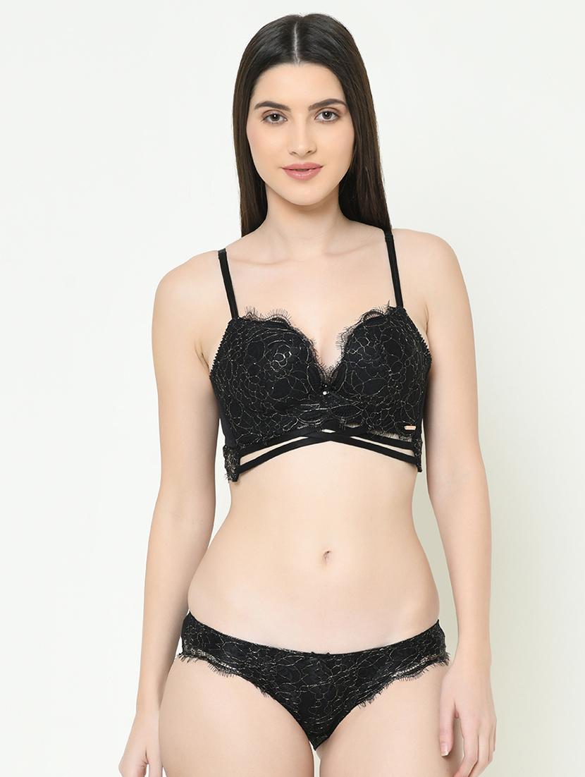laced plunge bra with bikini panty set - 16958005 - Zoom Image - 0