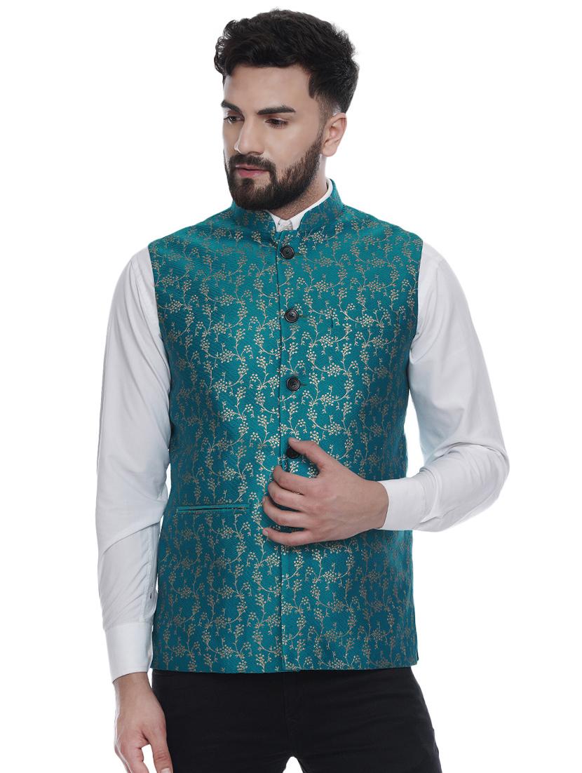 teal green printed silk blend nehru jacket - 16973802 -  Zoom Image - 0