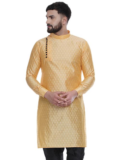 yellow jacquard silk blend medium length kurta - 16979472 -  Standard Image - 0