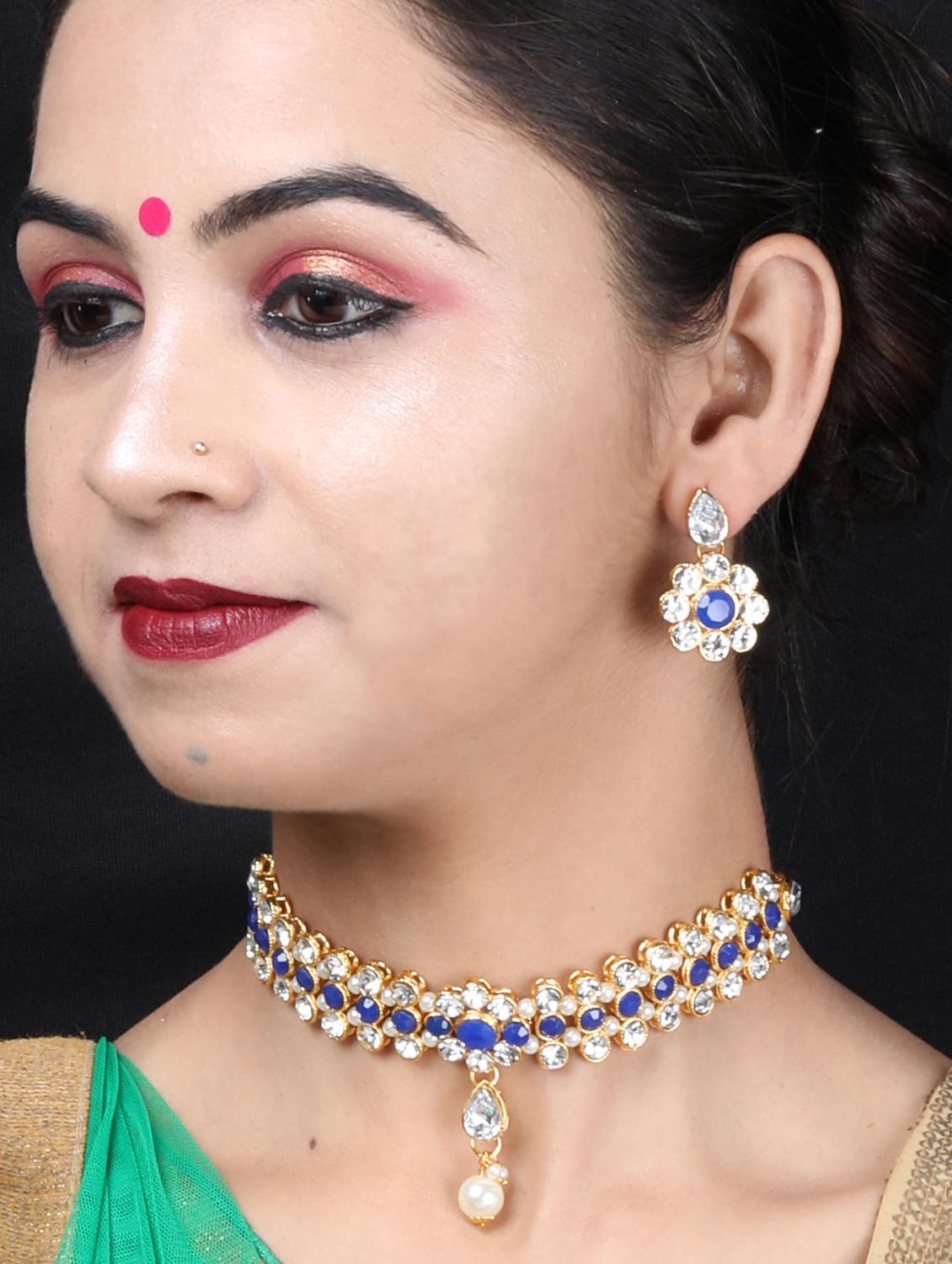 blue metal choker necklace with earring - 17013368 - Standard Image - 2