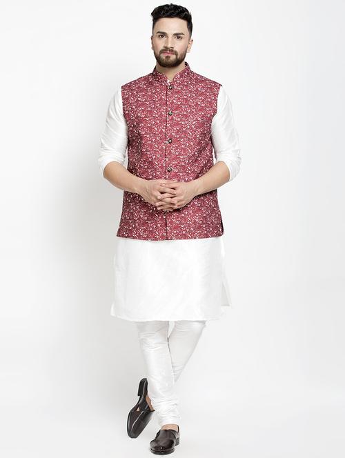 white silk blend kurta pyjama set with maroon printed nehru jacket - 17018499 -  Standard Image - 0