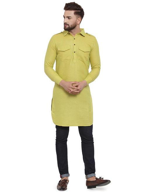 green solid pathani kurta - 17030845 -  Standard Image - 0