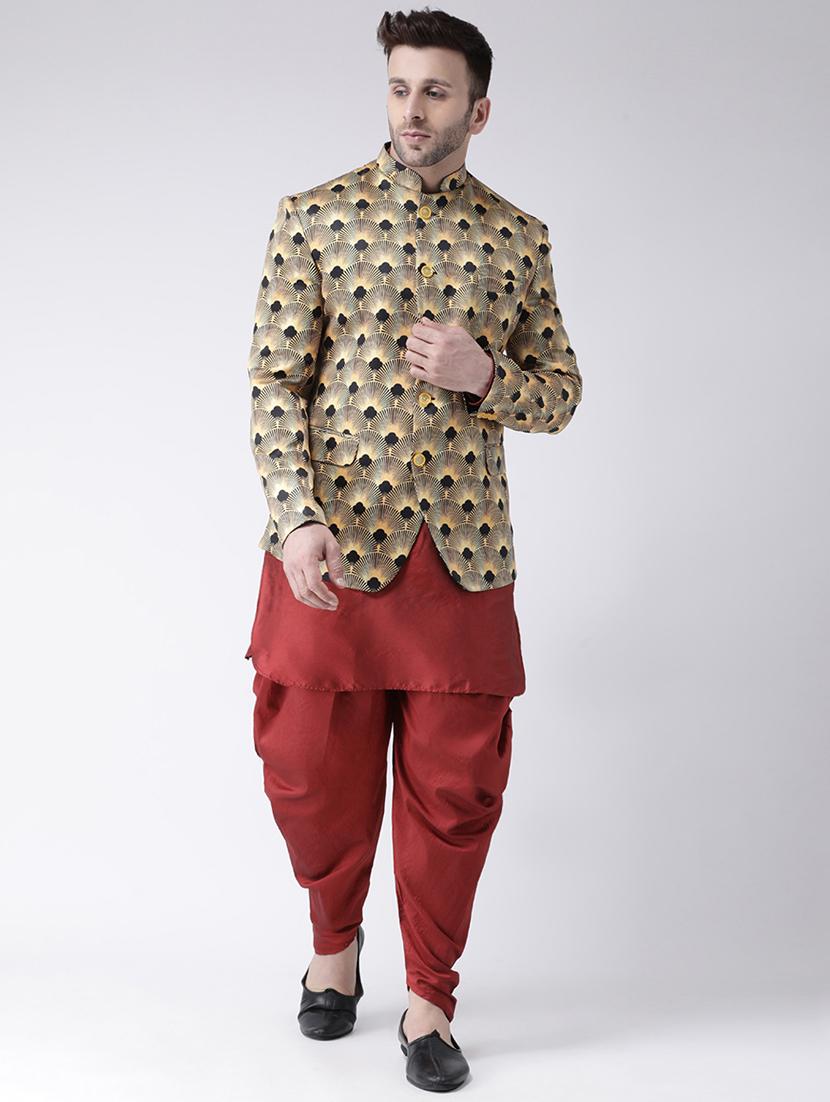 yellow printed bandhgala blazer - 17063754 - Standard Image - 3