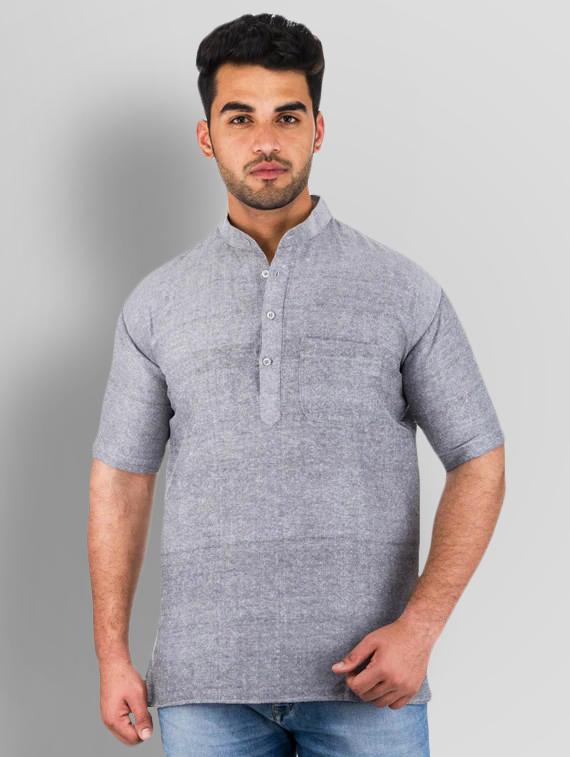 grey solid khadi cotton short kurta - 17207749 - Zoom Image - 0