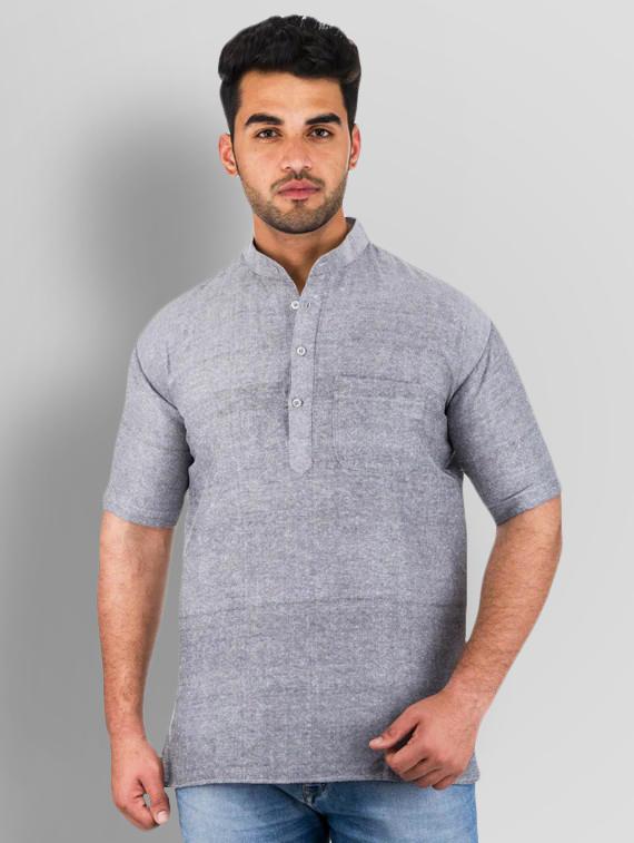 grey solid khadi cotton short kurta - 17207749 -  Zoom Image - 0