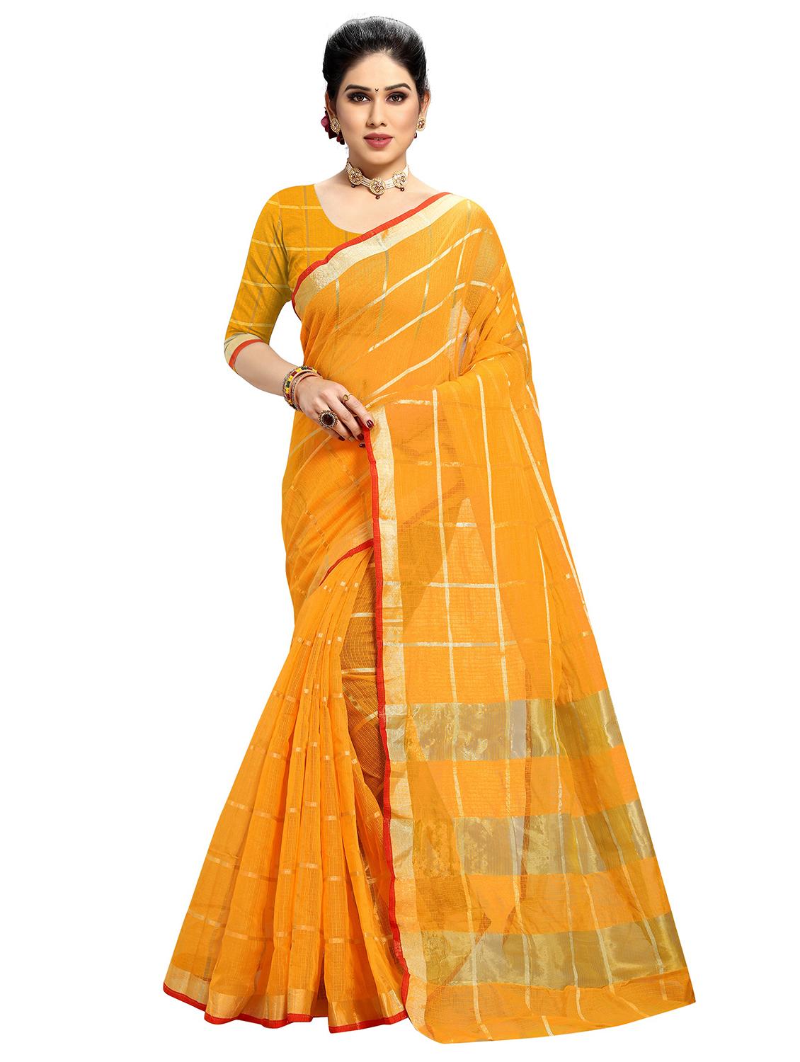 checkered woven saree with blouse - 17210833 - Zoom Image - 0