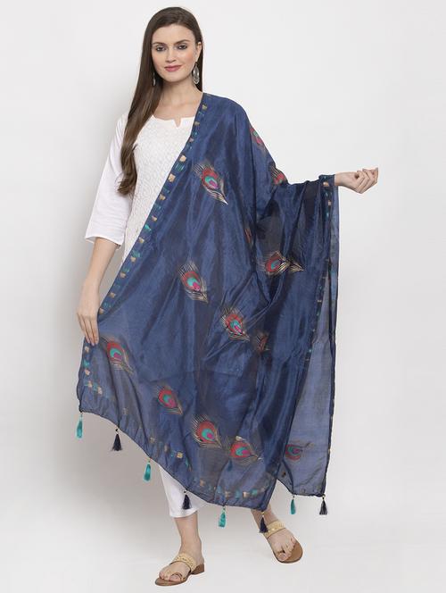navy blue printed dupatta with fringes - 17258020 - Very Small Image - 1