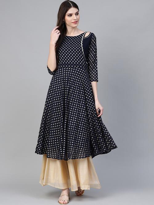 gold print flared kurta  - 17282498 - Very Small Image - 1