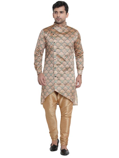 beige printed silk blend asymmetric kurta - 17287452 -  Standard Image - 0