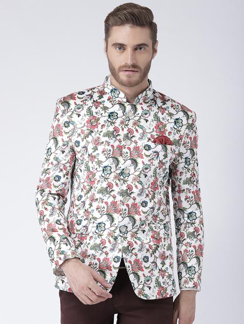 cream floral print bandhgala casual blazer - 17351453 - Very Small Image - 1