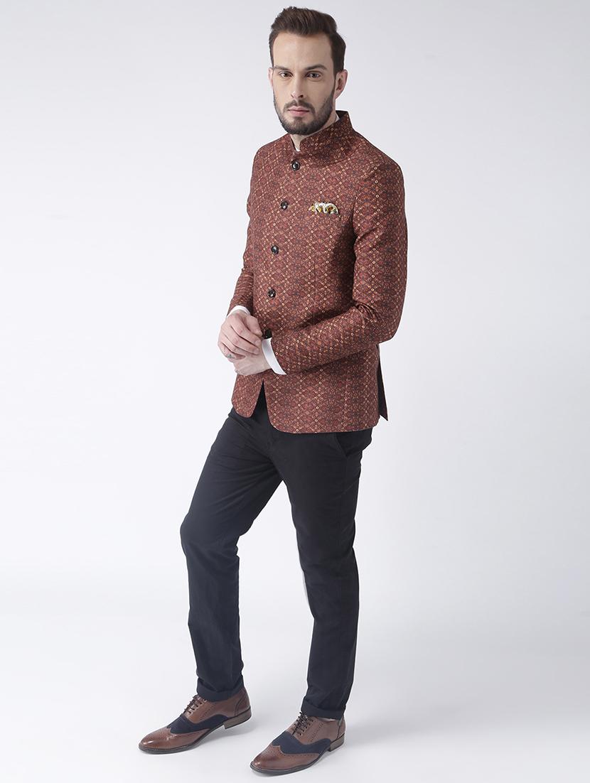 brown printed bandhgala casual blazer - 17351494 - Standard Image - 3