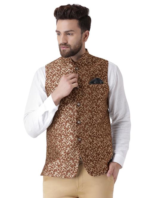 brown jacquard nehru jacket - 17351760 - Very Small Image - 1