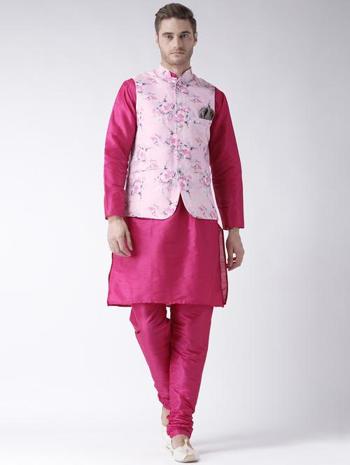 pink solid kurta pyjama set with pink floral nehru jacket  - 17357013 -  Standard Image - 0