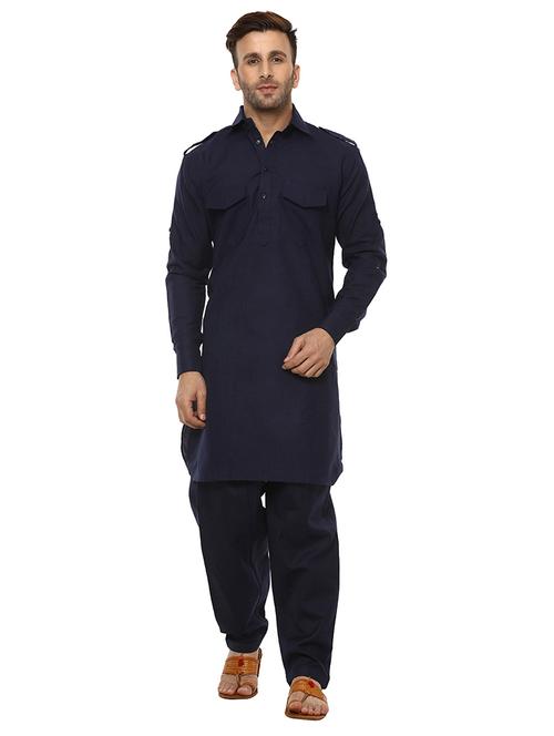 navy blue solid pathani kurta - 17357089 - Very Small Image - 1