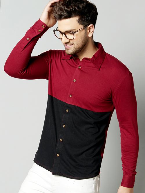 maroon color block casual shirt - 17383251 - Very Small Image - 1