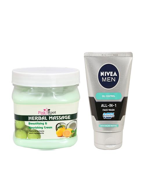 pink root herbal massage cream 500ml with nivea oil control face wash - 17386499 - Very Small Image - 1