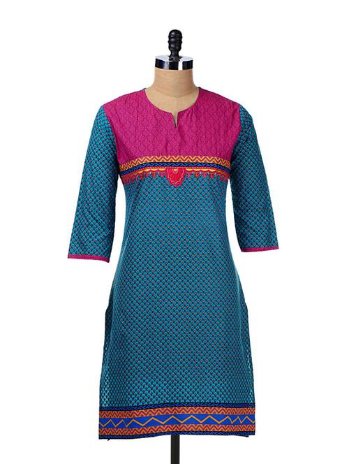Turquoise blue printed kurta - 17400 - Very Small Image - 1
