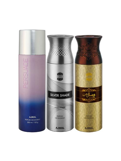 ajmal 1 persuade for unisex,1 silver shade for men,1 wisal dhahab for men deodorants combo pack of 3(total 600ml)+3 testers - 17404584 - Very Small Image - 1
