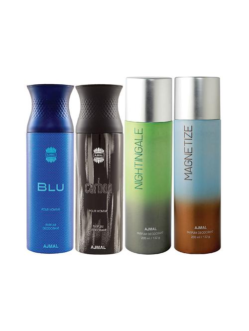 ajmal 1 blu for men,1 carbon for men,1 nightingale,1 magnetize for unisex deodorants combo pack of 4(total 800ml)+3 testers - 17404853 - Very Small Image - 1