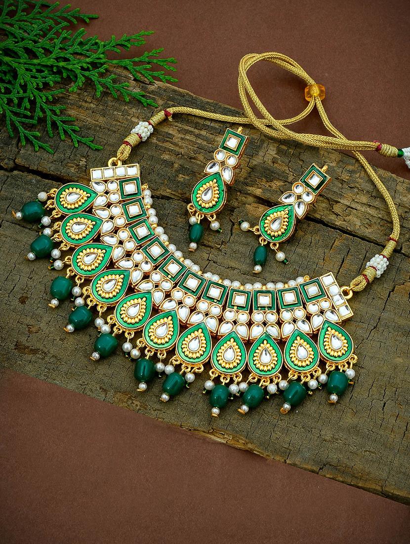 gold brass traditional kundan necklace with earrings - 17422536 - Zoom Image - 0
