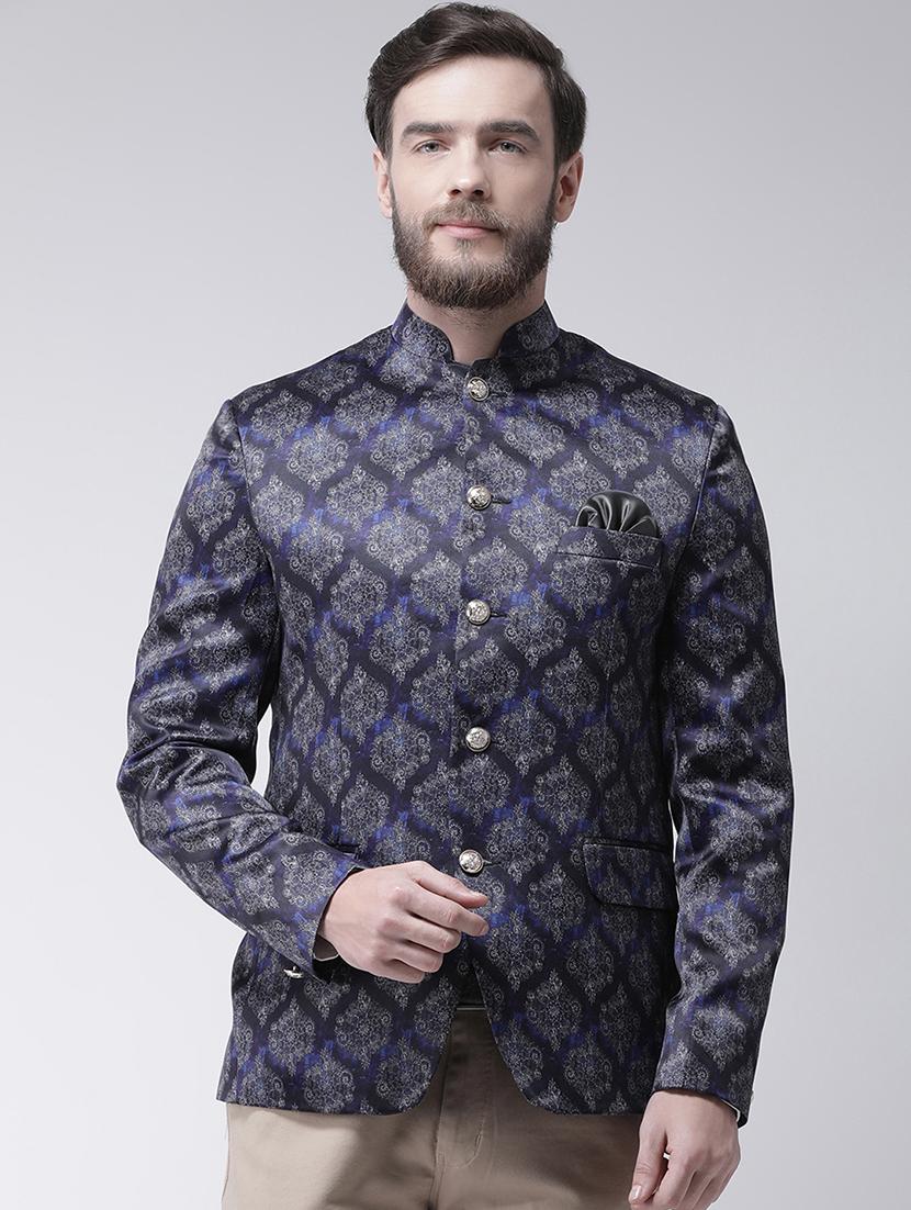 navy blue printed bandhgala casual blazer - 17425435 - Zoom Image - 0