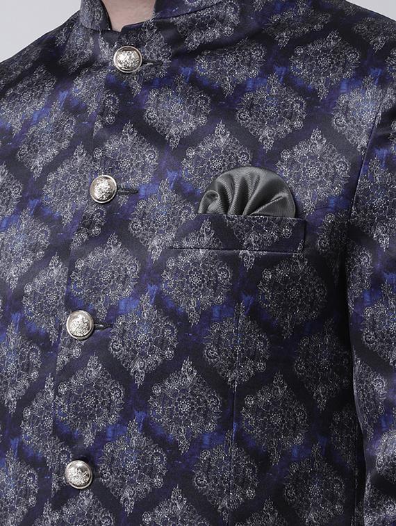 navy blue printed bandhgala casual blazer - 17425435 - Standard Image - 4