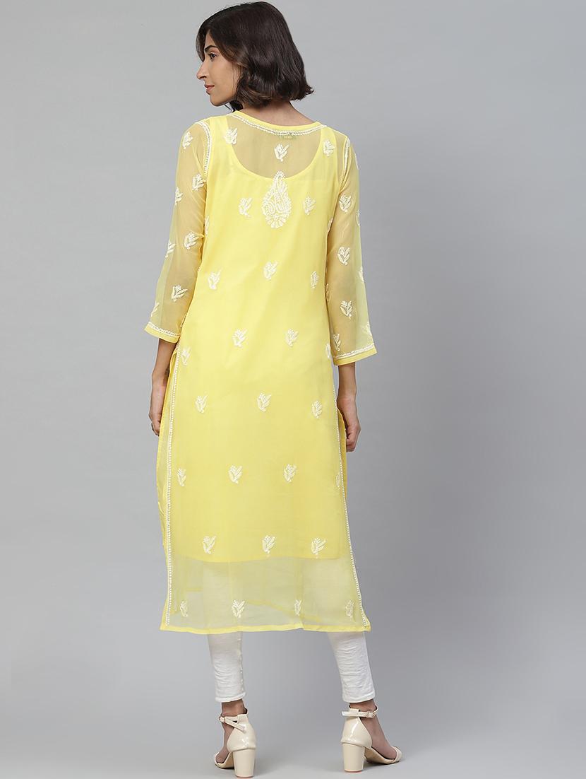 straight georgettte chikankari yellow kurta - 17428066 - Zoom Image - 2