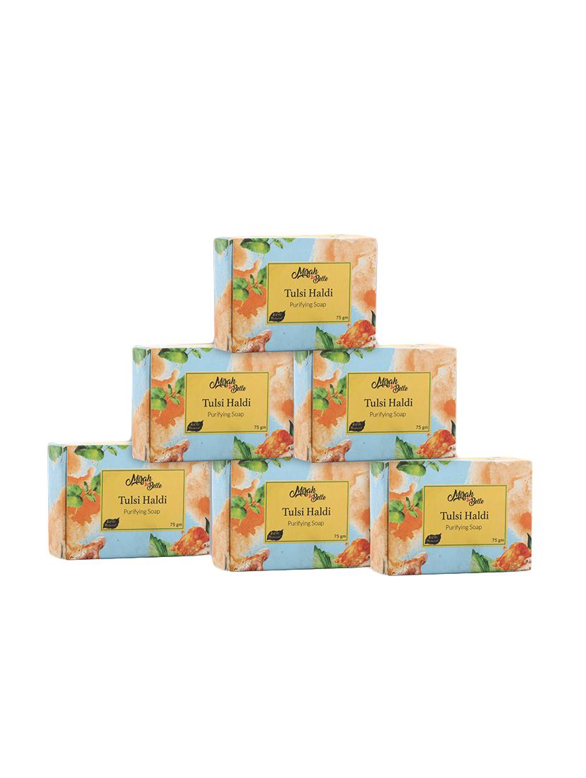 mirah belle - organic tulsi haldi purifying soap bar (pack of 6) - for acne, breakouts, pimples and blemishes, 750 gm - 17530728 - Zoom Image - 0