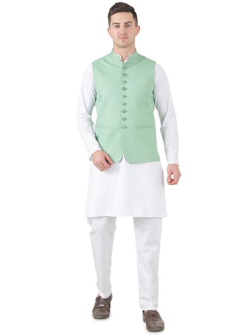white solid kurta pyjama set with green solid nehru jacket - 17545634 - Very Small Image - 1