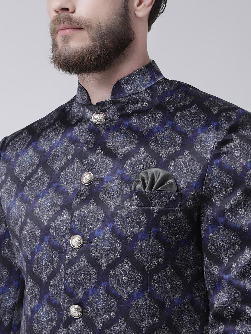 navy blue printed bandhgala casual blazer - 17585849 - Standard Image - 4