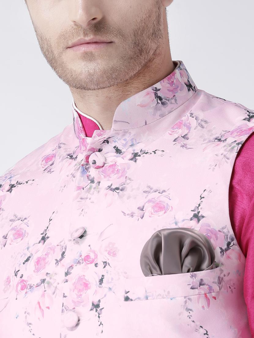 pink solid kurta pyjama set with printed nehru jacket - 17585947 - Standard Image - 3