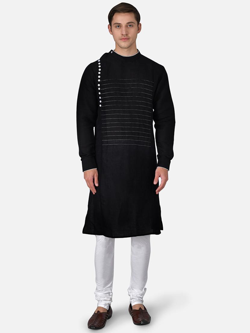 black solid linen long kurta - 17590253 -  Zoom Image - 0