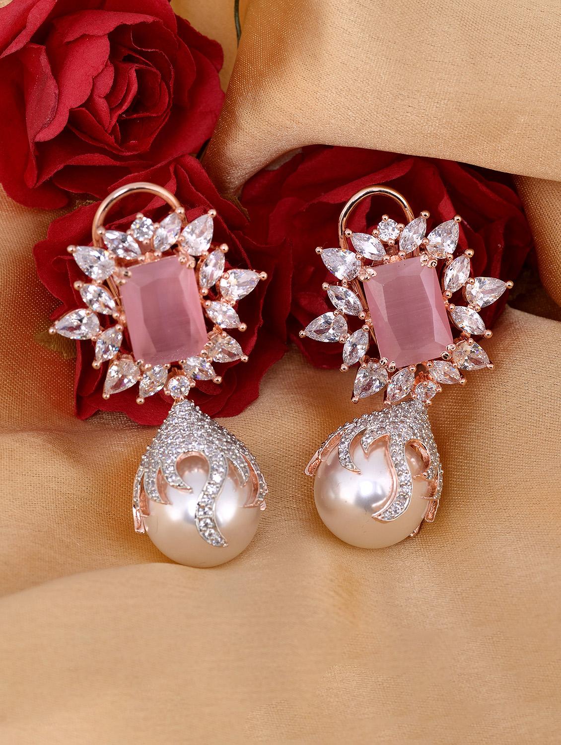 pink pearl studded drop earrings