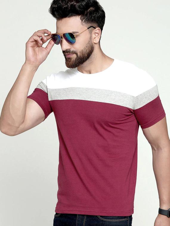 maroon color block t-shirt - 17601431 - Zoom Image - 0