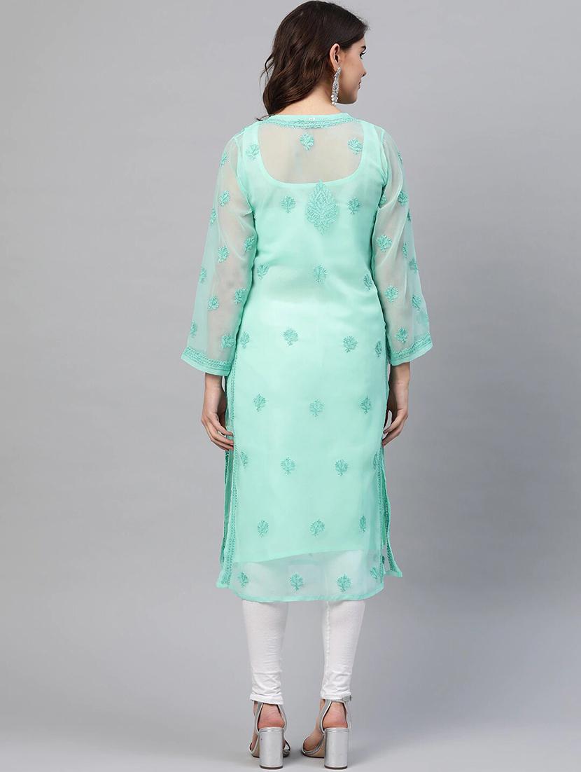 turquoise georgette women chikankari kurta - 17615148 - Standard Image - 2
