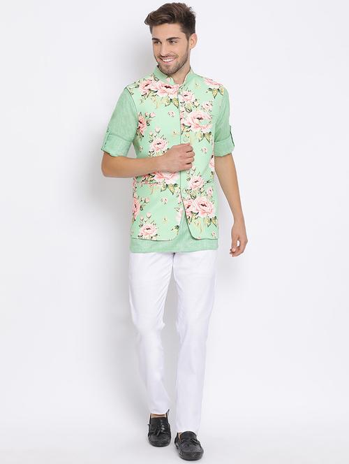 green solid silk blend kurta pant set with printed nehru jacket - 17633310 - Very Small Image - 1