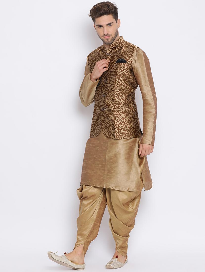 khaki dhoti kurta set with brocade nehru jacket - 17633334 - Zoom Image - 2