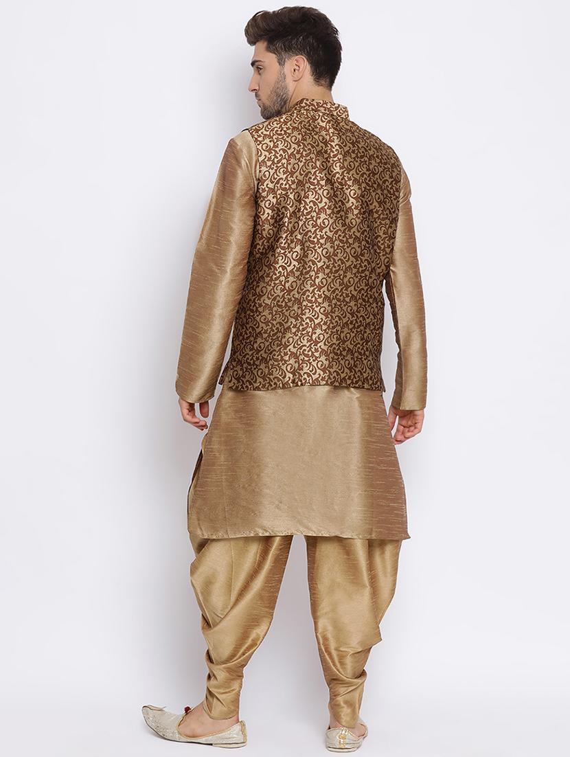 khaki dhoti kurta set with brocade nehru jacket - 17633334 - Standard Image - 3
