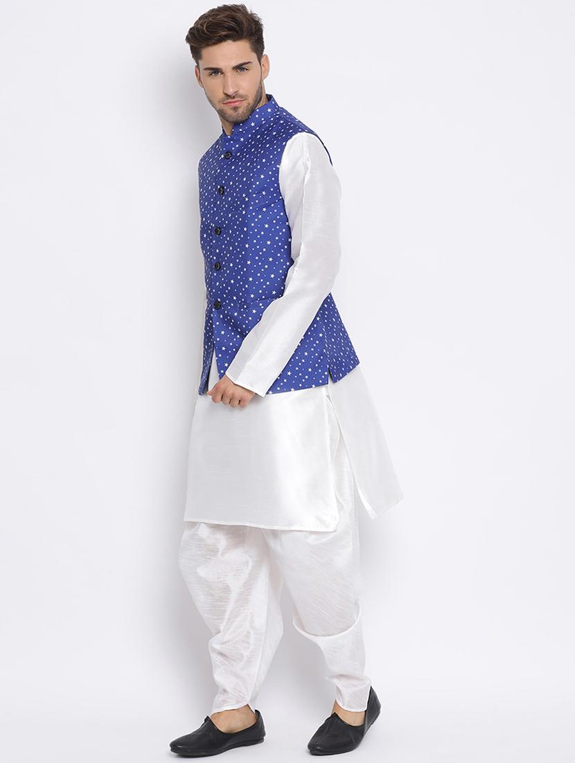 white dhoti kurta set with blue printed nehru jacket - 17633335 - Standard Image - 2