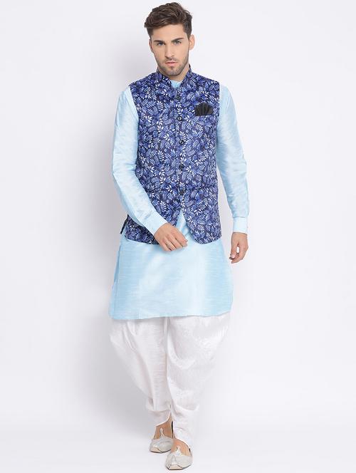 blue dhoti kurta set with blue printed nehru jacket  - 17633341 - Very Small Image - 1