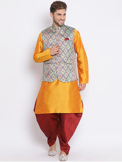 orange dhoti kurta set with multi printed nehru jacket  - 17633353 - Very Small Image - 1