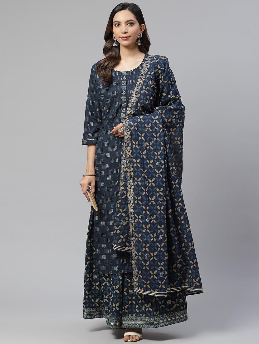 women navy blue printed kurta palazzo with dupatta set - 17652245 - Standard Image - 3