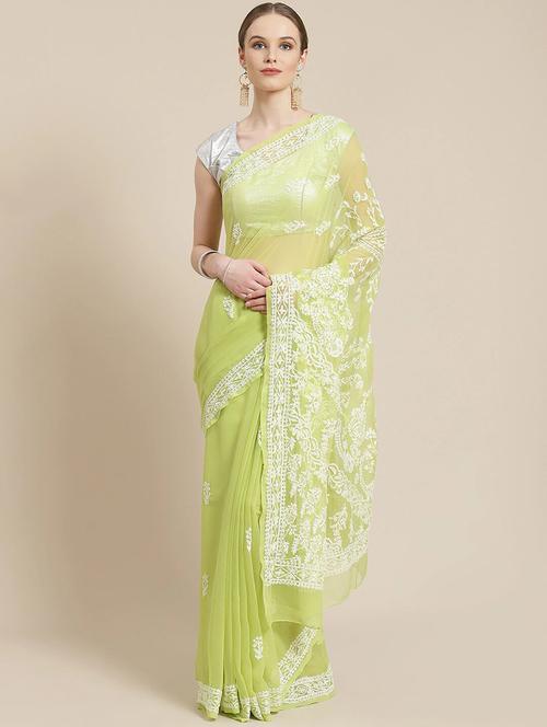 ada hand-embroidered green chikankari saree with blouse - 17652340 - Very Small Image - 1