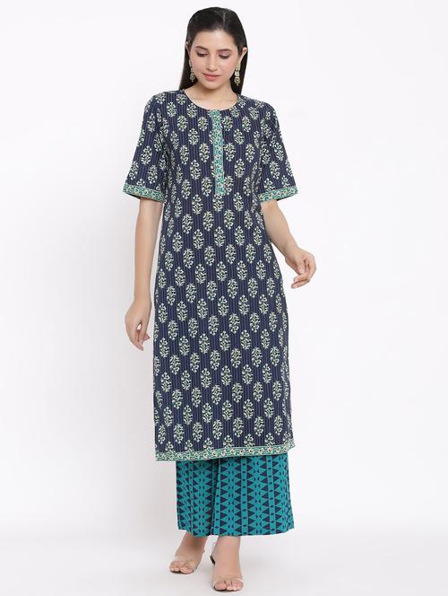 women navy blue batik print kurta palazzo set - 17714858 - Standard Image - 0