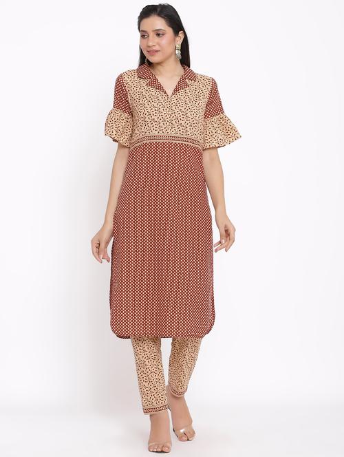 beige cotton blend kurta pant set - 17727194 - Standard Image - 0