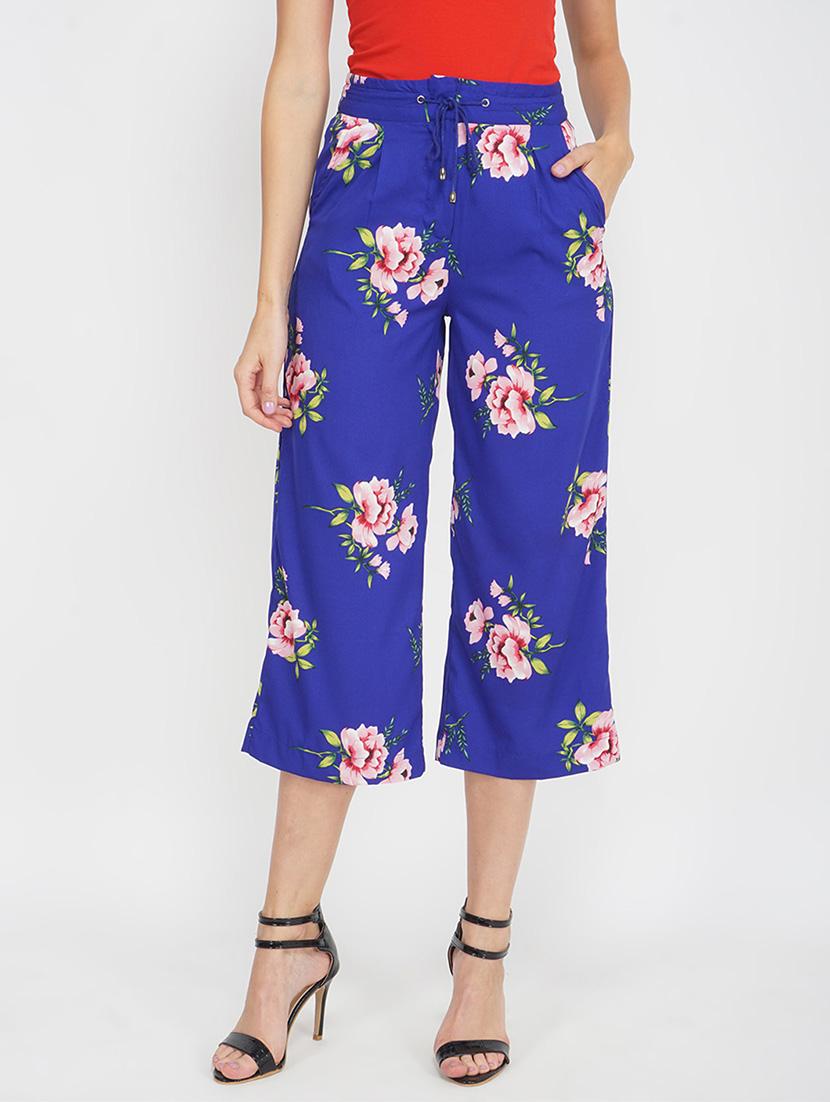 blue floral printed flat front trouser