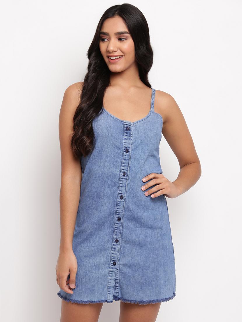 women plain shoulder strap denim dress