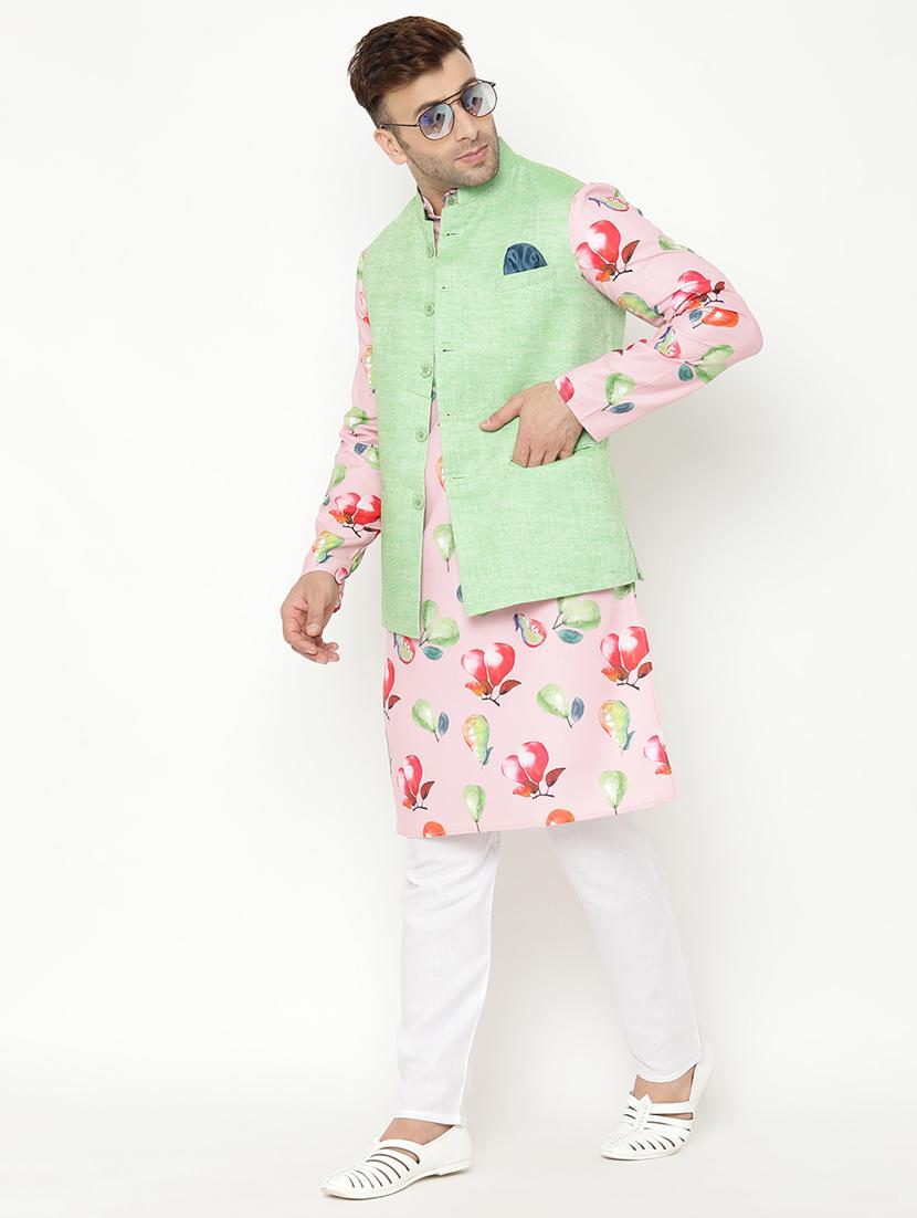 pink floral kurta pyjama set with green nehru jacket - 17855846 - Standard Image - 4