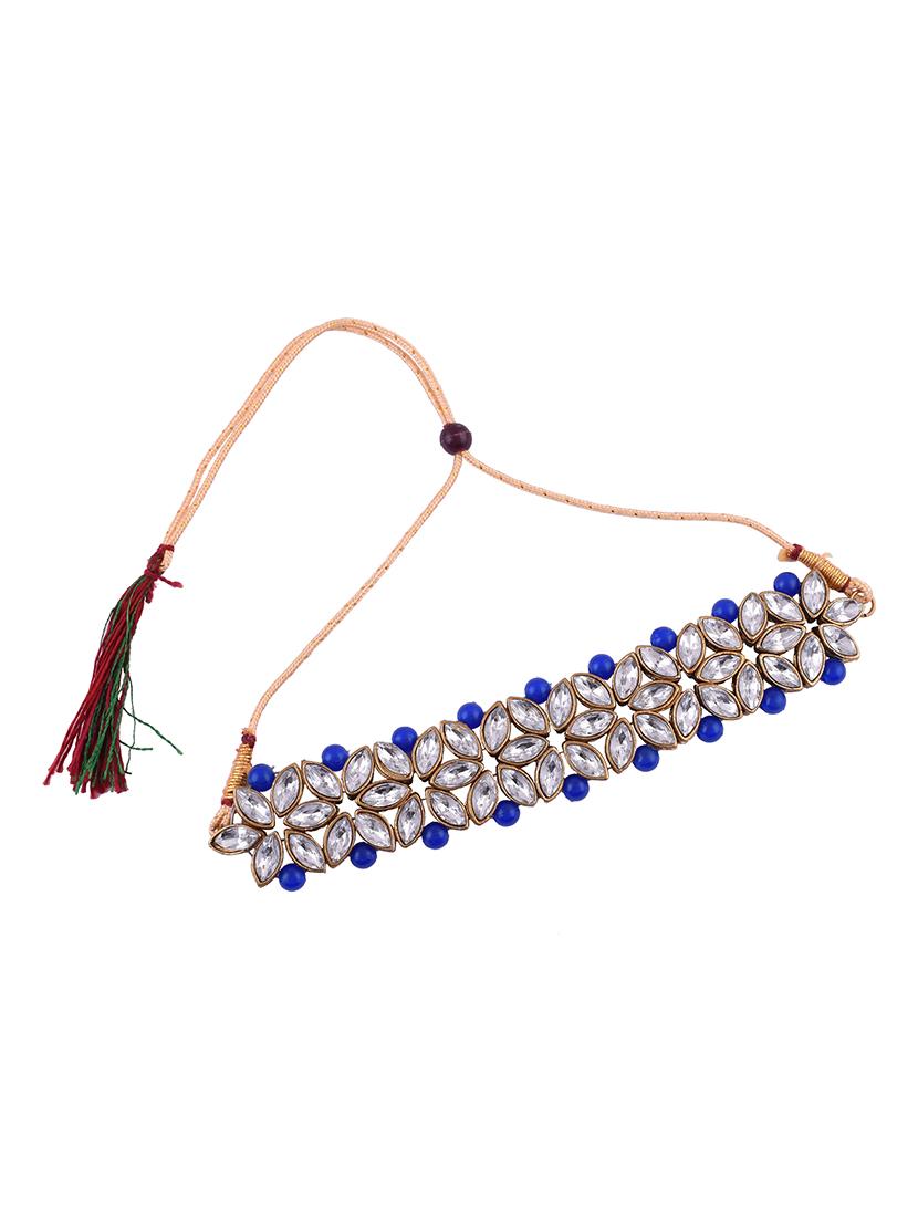 blue brass choker necklaces with maangtikka and earring - 17860372 - Standard Image - 3