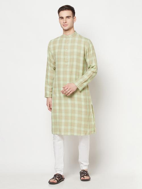 olive green checkered long kurta - 17887118 -  Standard Image - 0